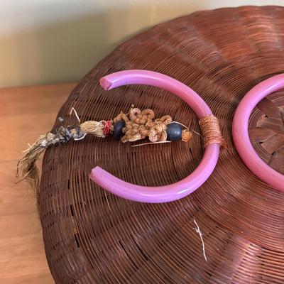 LOT 94 Vintage Floral book Holder, Woven Baskets, Embellished Woven Sewing Baskets, Framed Robert Gardinier 12 Months of Flowers May rint