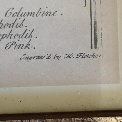 LOT 94 Vintage Floral book Holder, Woven Baskets, Embellished Woven Sewing Baskets, Framed Robert Gardinier 12 Months of Flowers May rint