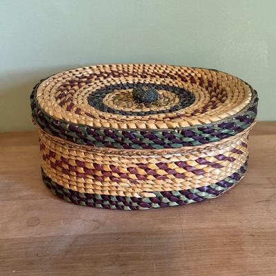 LOT 94 Vintage Floral book Holder, Woven Baskets, Embellished Woven Sewing Baskets, Framed Robert Gardinier 12 Months of Flowers May rint