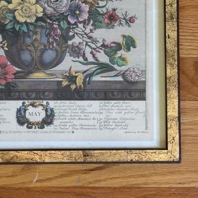 LOT 94 Vintage Floral book Holder, Woven Baskets, Embellished Woven Sewing Baskets, Framed Robert Gardinier 12 Months of Flowers May rint