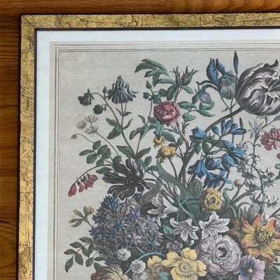 LOT 94 Vintage Floral book Holder, Woven Baskets, Embellished Woven Sewing Baskets, Framed Robert Gardinier 12 Months of Flowers May rint