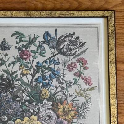 LOT 94 Vintage Floral book Holder, Woven Baskets, Embellished Woven Sewing Baskets, Framed Robert Gardinier 12 Months of Flowers May rint