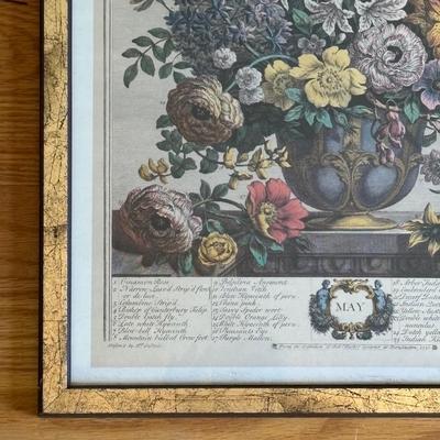 LOT 94 Vintage Floral book Holder, Woven Baskets, Embellished Woven Sewing Baskets, Framed Robert Gardinier 12 Months of Flowers May rint