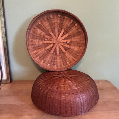 LOT 94 Vintage Floral book Holder, Woven Baskets, Embellished Woven Sewing Baskets, Framed Robert Gardinier 12 Months of Flowers May rint