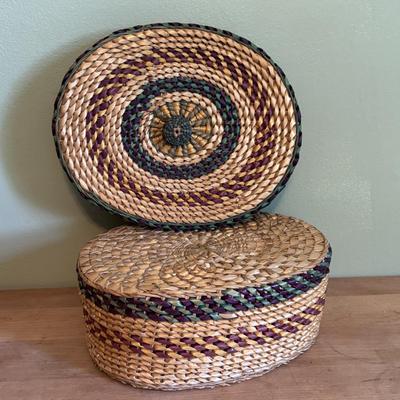 LOT 94 Vintage Floral book Holder, Woven Baskets, Embellished Woven Sewing Baskets, Framed Robert Gardinier 12 Months of Flowers May rint