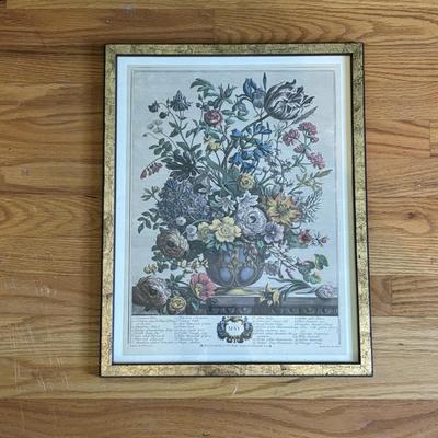 LOT 94 Vintage Floral book Holder, Woven Baskets, Embellished Woven Sewing Baskets, Framed Robert Gardinier 12 Months of Flowers May rint
