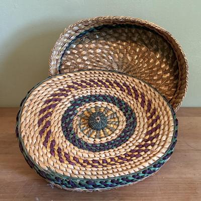 LOT 94 Vintage Floral book Holder, Woven Baskets, Embellished Woven Sewing Baskets, Framed Robert Gardinier 12 Months of Flowers May rint