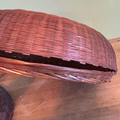 LOT 94 Vintage Floral book Holder, Woven Baskets, Embellished Woven Sewing Baskets, Framed Robert Gardinier 12 Months of Flowers May rint