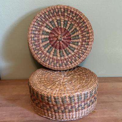 LOT 94 Vintage Floral book Holder, Woven Baskets, Embellished Woven Sewing Baskets, Framed Robert Gardinier 12 Months of Flowers May rint