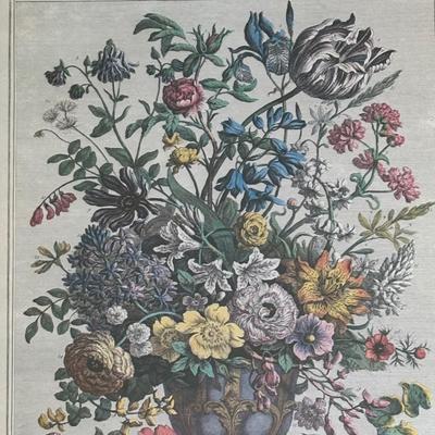 LOT 94 Vintage Floral book Holder, Woven Baskets, Embellished Woven Sewing Baskets, Framed Robert Gardinier 12 Months of Flowers May rint