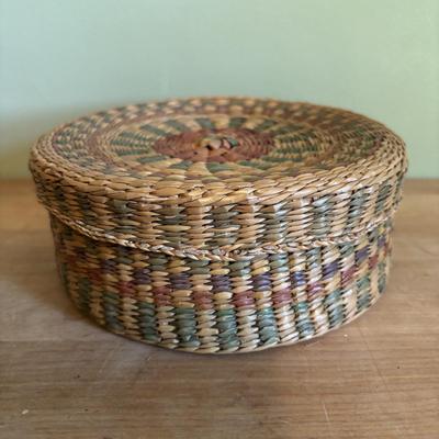 LOT 94 Vintage Floral book Holder, Woven Baskets, Embellished Woven Sewing Baskets, Framed Robert Gardinier 12 Months of Flowers May rint