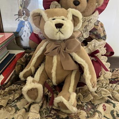 LOT 95: Vintage Peter Rabbit Needlepoint, Books along with Canonsburg Pottery Divided Childs Dish, Gingerbread Bear & Bearly People Bear