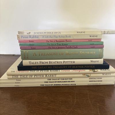 LOT 95: Vintage Peter Rabbit Needlepoint, Books along with Canonsburg Pottery Divided Childs Dish, Gingerbread Bear & Bearly People Bear