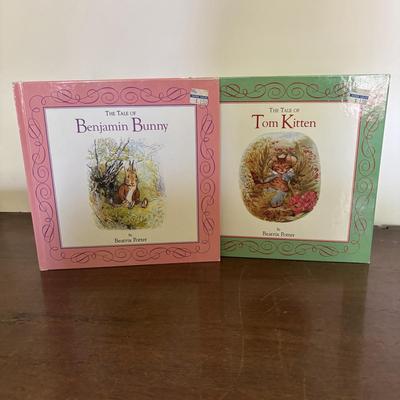 LOT 95: Vintage Peter Rabbit Needlepoint, Books along with Canonsburg Pottery Divided Childs Dish, Gingerbread Bear & Bearly People Bear