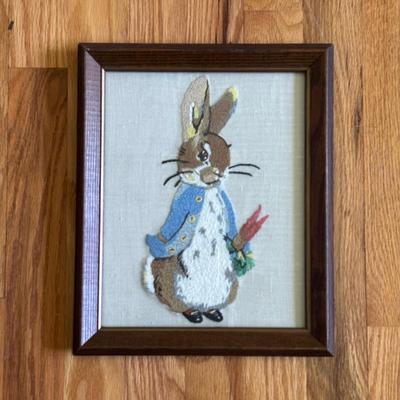 LOT 95: Vintage Peter Rabbit Needlepoint, Books along with Canonsburg Pottery Divided Childs Dish, Gingerbread Bear & Bearly People Bear