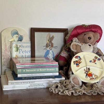LOT 95: Vintage Peter Rabbit Needlepoint, Books along with Canonsburg Pottery Divided Childs Dish, Gingerbread Bear & Bearly People Bear