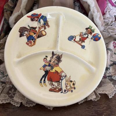 LOT 95: Vintage Peter Rabbit Needlepoint, Books along with Canonsburg Pottery Divided Childs Dish, Gingerbread Bear & Bearly People Bear