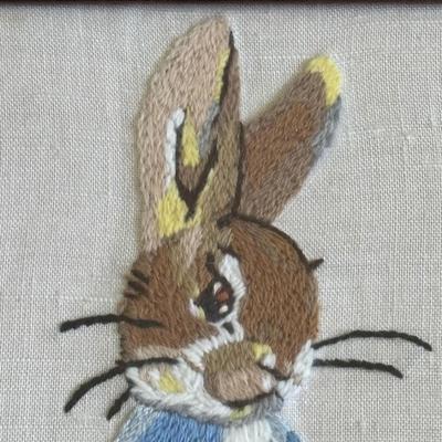 LOT 95: Vintage Peter Rabbit Needlepoint, Books along with Canonsburg Pottery Divided Childs Dish, Gingerbread Bear & Bearly People Bear