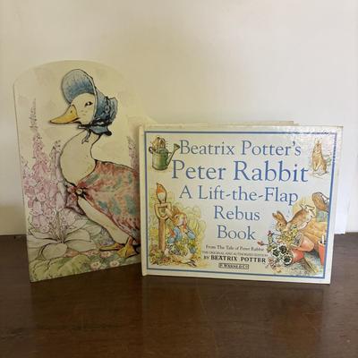 LOT 95: Vintage Peter Rabbit Needlepoint, Books along with Canonsburg Pottery Divided Childs Dish, Gingerbread Bear & Bearly People Bear