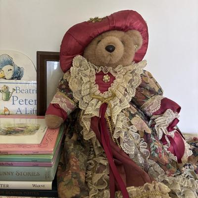 LOT 95: Vintage Peter Rabbit Needlepoint, Books along with Canonsburg Pottery Divided Childs Dish, Gingerbread Bear & Bearly People Bear