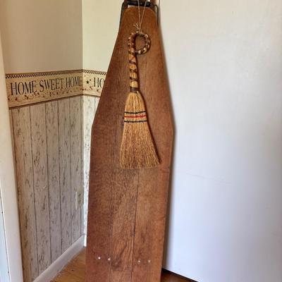 LOT 123: Antique Ironing Board, Straw Hand Broom, Nevco Fold and Carry Stool, and More