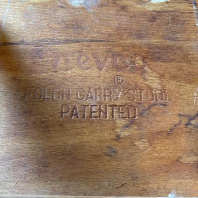 LOT 123: Antique Ironing Board, Straw Hand Broom, Nevco Fold and Carry Stool, and More