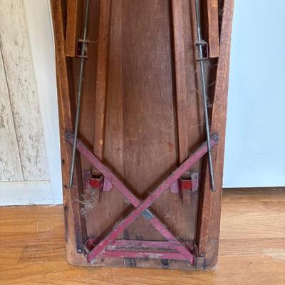 LOT 123: Antique Ironing Board, Straw Hand Broom, Nevco Fold and Carry Stool, and More