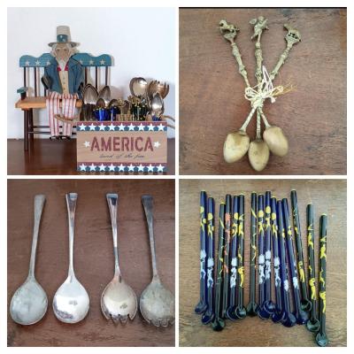 LOT 158: Unique Glass Colbalt Blue Beverage Stirrers Flatware, Vintage Souvenir Spoons, Vintage Folk Art Uncle Sam Tin Metal Shelf Sitter...