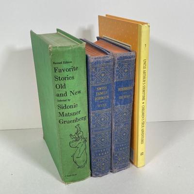 LOT 166: Vintage Three Girls Reading Wall Art with Collection of Vintage Children's Books