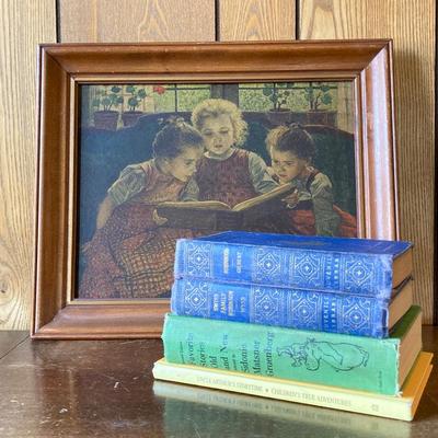 LOT 166: Vintage Three Girls Reading Wall Art with Collection of Vintage Children's Books