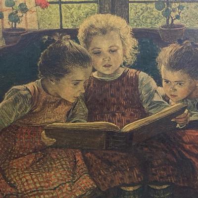LOT 166: Vintage Three Girls Reading Wall Art with Collection of Vintage Children's Books