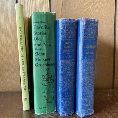 LOT 166: Vintage Three Girls Reading Wall Art with Collection of Vintage Children's Books