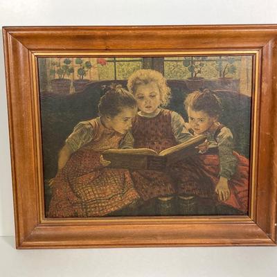 LOT 166: Vintage Three Girls Reading Wall Art with Collection of Vintage Children's Books