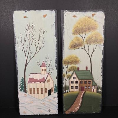 LOT 168: Winter, Spring, Summer and Fall - Painted Slate Wall Hangings