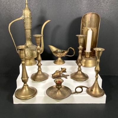 LOT 169: Large Collection of Brass Decor - Candleholders, Pitcher and Fish