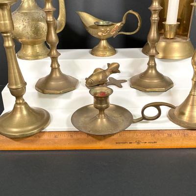 LOT 169: Large Collection of Brass Decor - Candleholders, Pitcher and Fish