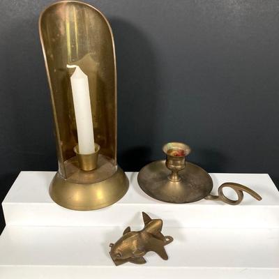 LOT 169: Large Collection of Brass Decor - Candleholders, Pitcher and Fish