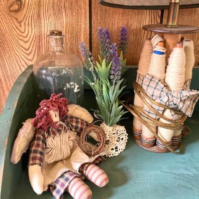 LOT 170: Primitive Collection - Painted Mini Wood Pie Safe, Thread / Wood Spool Lamp and More