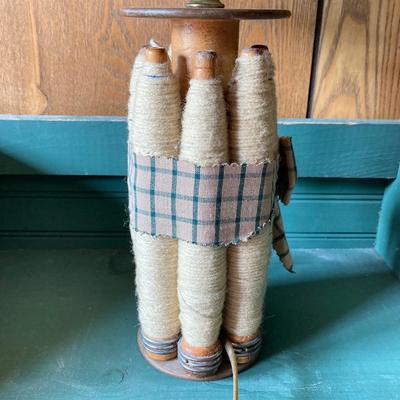 LOT 170: Primitive Collection - Painted Mini Wood Pie Safe, Thread / Wood Spool Lamp and More