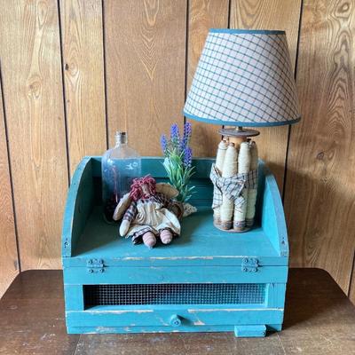LOT 170: Primitive Collection - Painted Mini Wood Pie Safe, Thread / Wood Spool Lamp and More