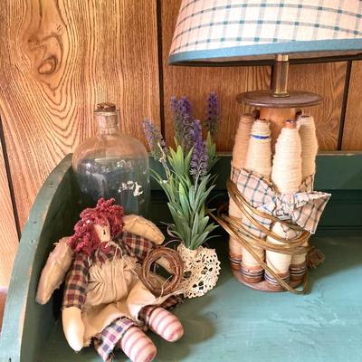 LOT 170: Primitive Collection - Painted Mini Wood Pie Safe, Thread / Wood Spool Lamp and More