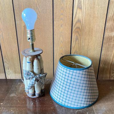 LOT 170: Primitive Collection - Painted Mini Wood Pie Safe, Thread / Wood Spool Lamp and More