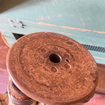 LOT 170: Primitive Collection - Painted Mini Wood Pie Safe, Thread / Wood Spool Lamp and More