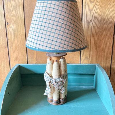 LOT 170: Primitive Collection - Painted Mini Wood Pie Safe, Thread / Wood Spool Lamp and More