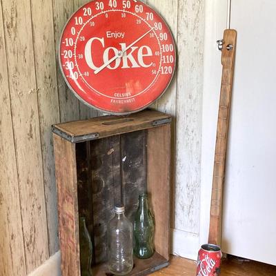 LOT 175: Coca Cola / Beverage Collection and More - Vintage Bottles, Tin Can Canjo, Wooden Crate, Tins, Playing Cards and More