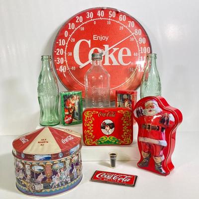 LOT 175: Coca Cola / Beverage Collection and More - Vintage Bottles, Tin Can Canjo, Wooden Crate, Tins, Playing Cards and More