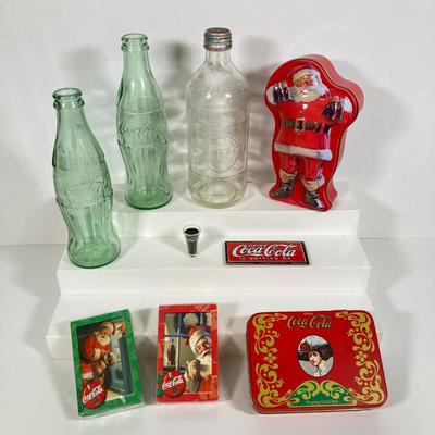 LOT 175: Coca Cola / Beverage Collection and More - Vintage Bottles, Tin Can Canjo, Wooden Crate, Tins, Playing Cards and More
