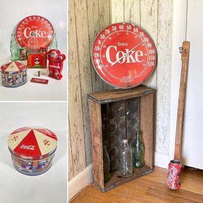LOT 175: Coca Cola / Beverage Collection and More - Vintage Bottles, Tin Can Canjo, Wooden Crate, Tins, Playing Cards and More