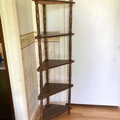LOT 176: Five Tier Corner Shelf Unit, Upholstered Storage Foot Stool and Wooden Wall Mirror