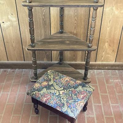 LOT 176: Five Tier Corner Shelf Unit, Upholstered Storage Foot Stool and Wooden Wall Mirror